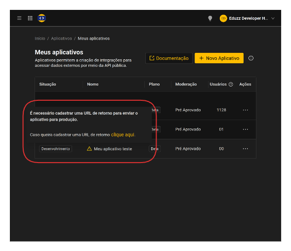 Enviar aplicativo para produção faltando URL de retorno