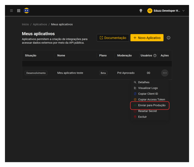 Opção de enviar aplicativo para produção